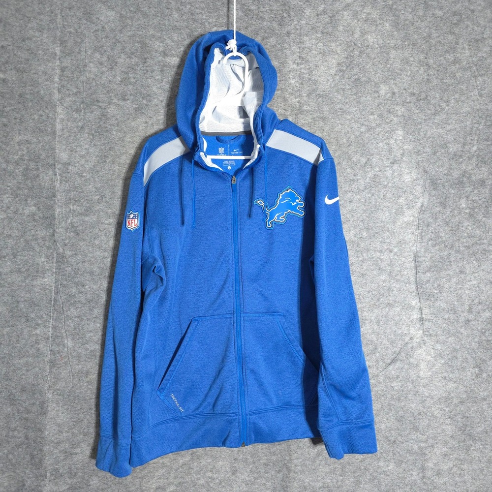 Nike Detroit Lions NFL Mens Large Blue Therma-FIT Full Zip Hoodie Onfield Jacket